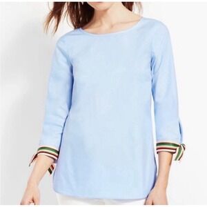 New Talbots Cotton Popover Top Women's Plus Size 1X P Blue Tie Sleeve Coastal